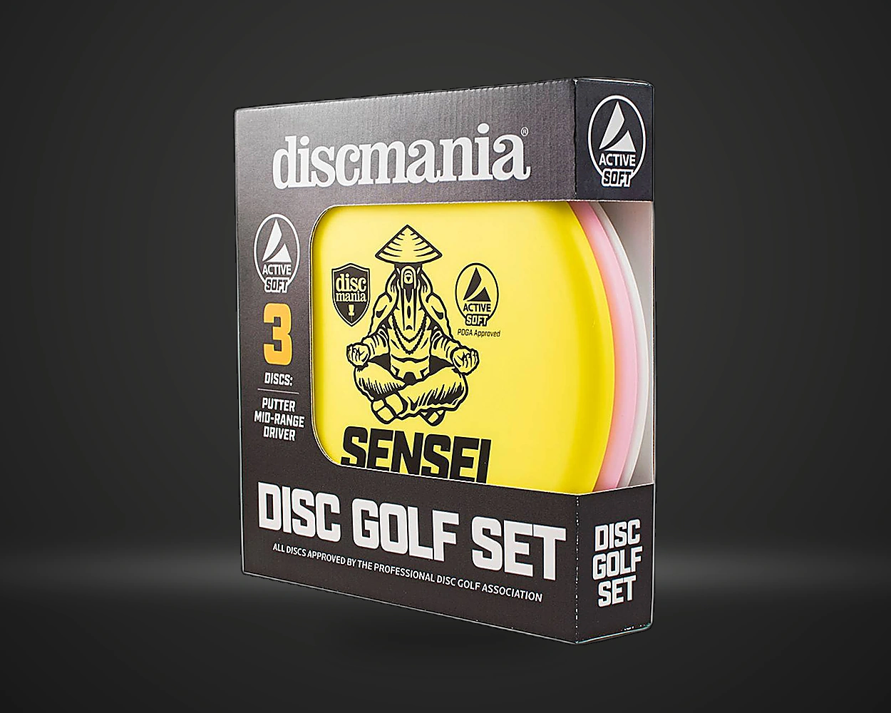 Discmania Disc Golf Set startsett for discgolf, vist på mørk produktbakgrunn