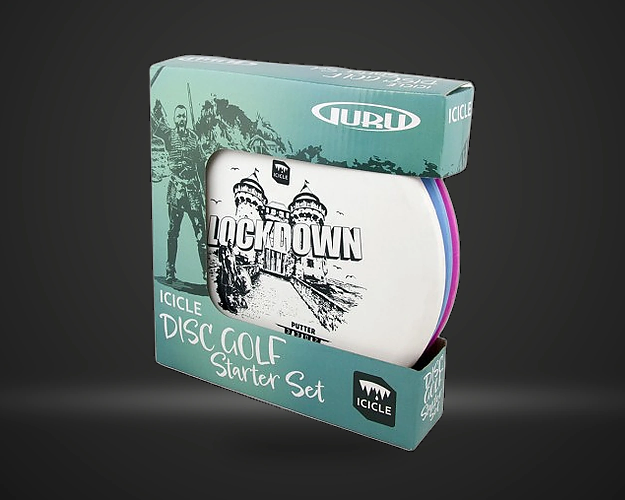 Guru Icicle Disc Golf Starter Set startsett for discgolf, vist på mørk produktbakgrunn