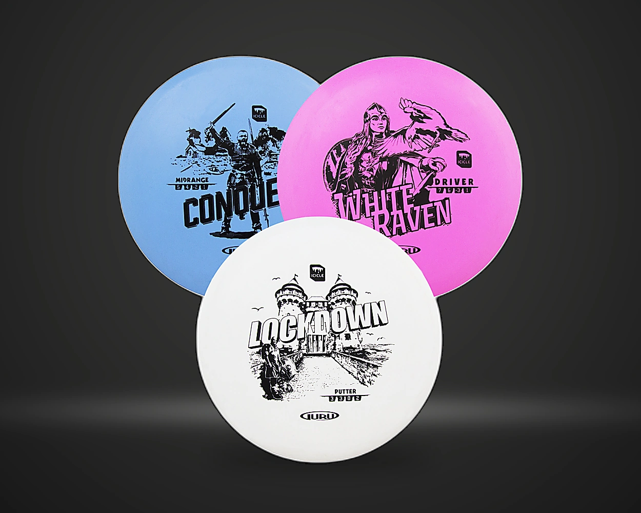 Guru Icicle Disc Golf Starter Set startsett for discgolf, detaljbilde på mørk produktbakgrunn