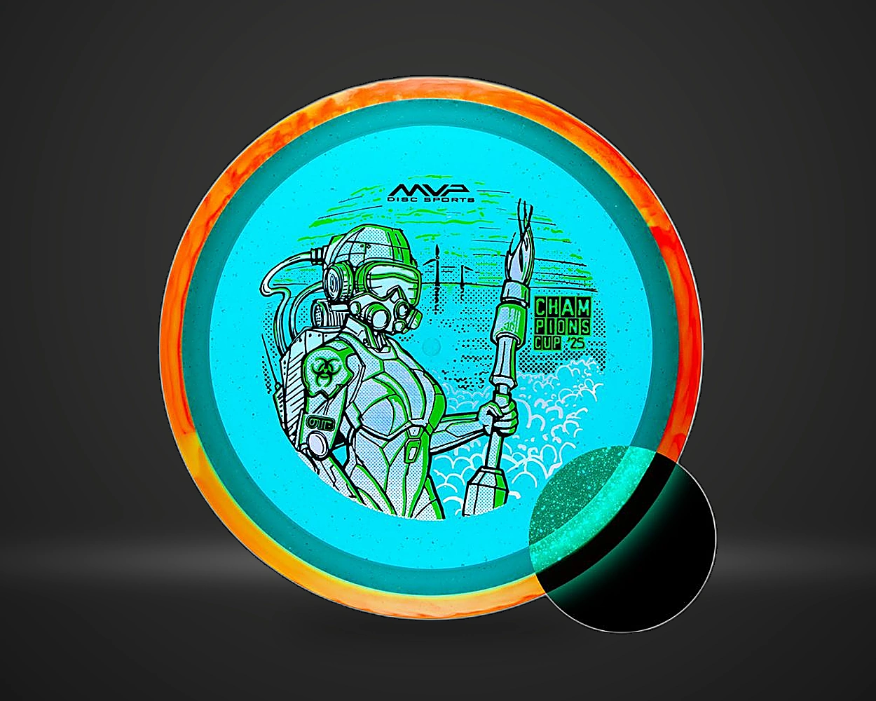 Particle Glow Proton Virus Champions Cup 2025 glow fairway driver i mørk grønn, vist forfra på mørk produktbakgrunn