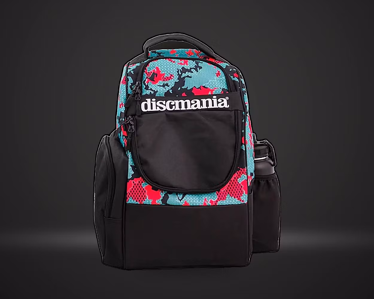 Discmania Fanatic Fly Backpack discgolfsekk i miami-farge, vist forfra på mørk produktbakgrunn
