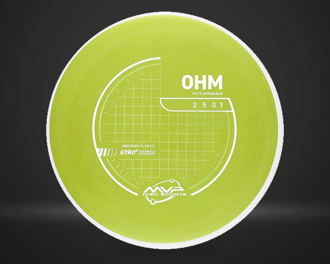Neutron Ohm GYRO Overmold Technology putter i gulgrønn, vist forfra på mørk produktbakgrunn