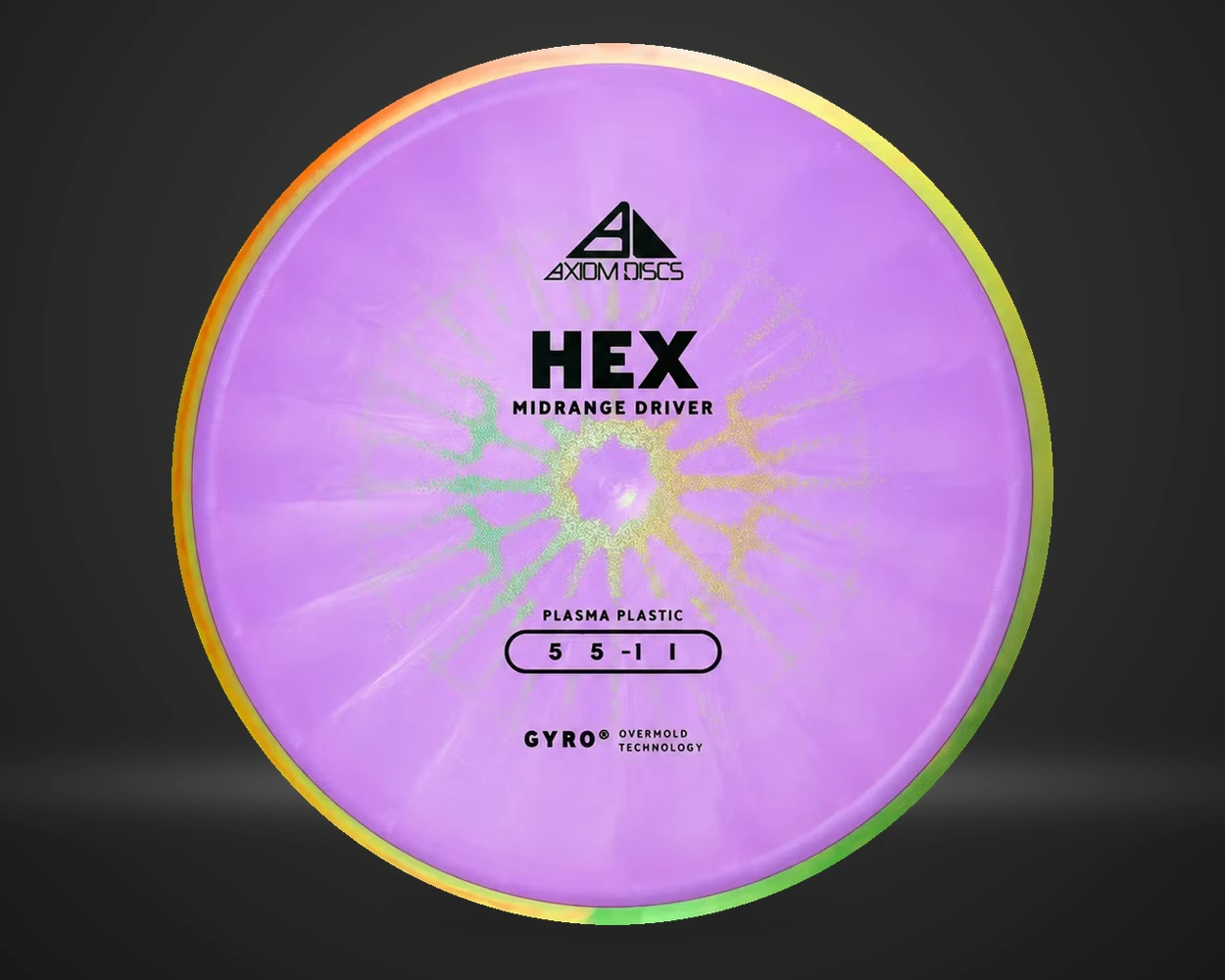 Axiom Hex Plasma midrange i lilla med gul/grønn rim, vist forfra på mørk produktbakgrunn