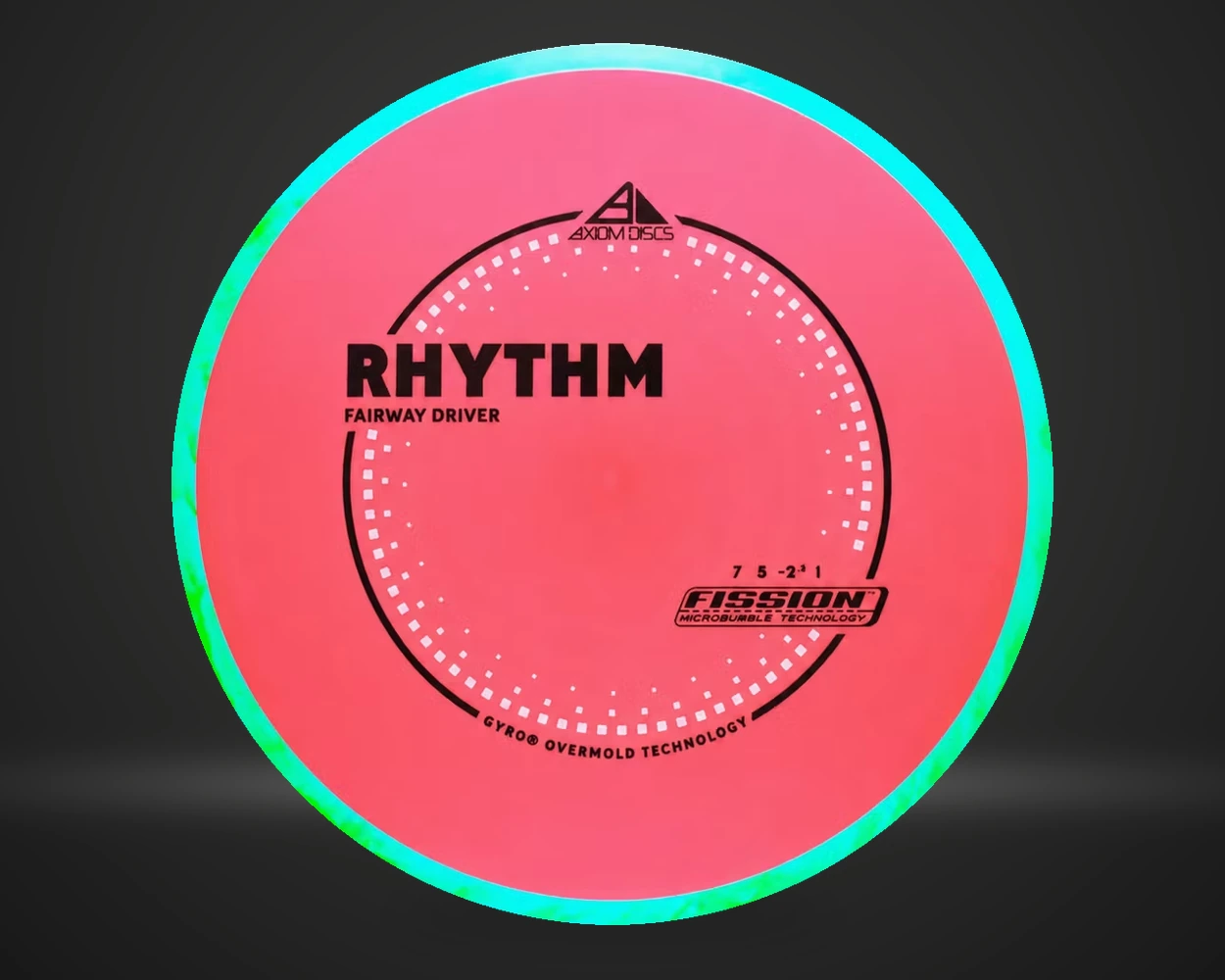 Axiom Rhythm Fission fairway driver i rosa med grønn/blå rim, vist forfra på mørk produktbakgrunn