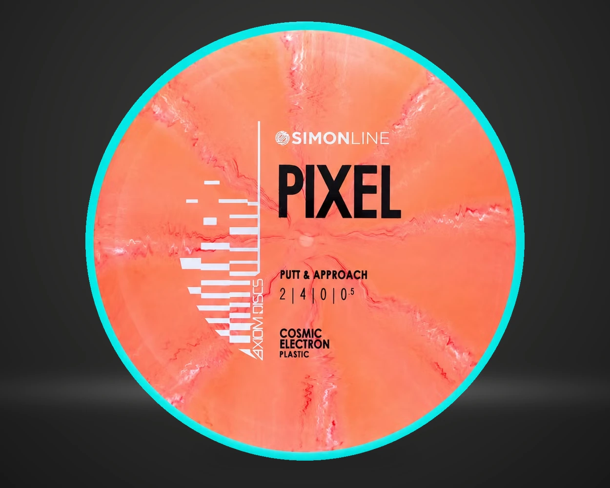 Axiom Pixel Electron Simon Line putter i oransje med turkis rim, vist forfra på mørk produktbakgrunn