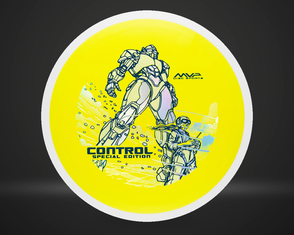 MVP Neutron Control Special Edition distance driver i gul, vist forfra på mørk produktbakgrunn