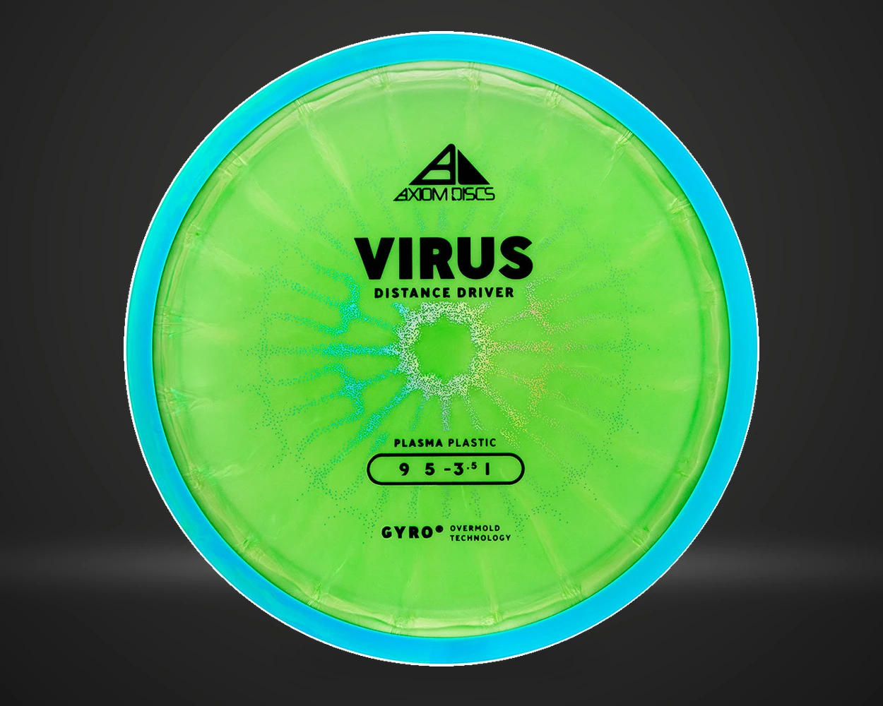 Axiom Virus Plasma distance driver i grønn med blå rim, vist forfra på mørk produktbakgrunn