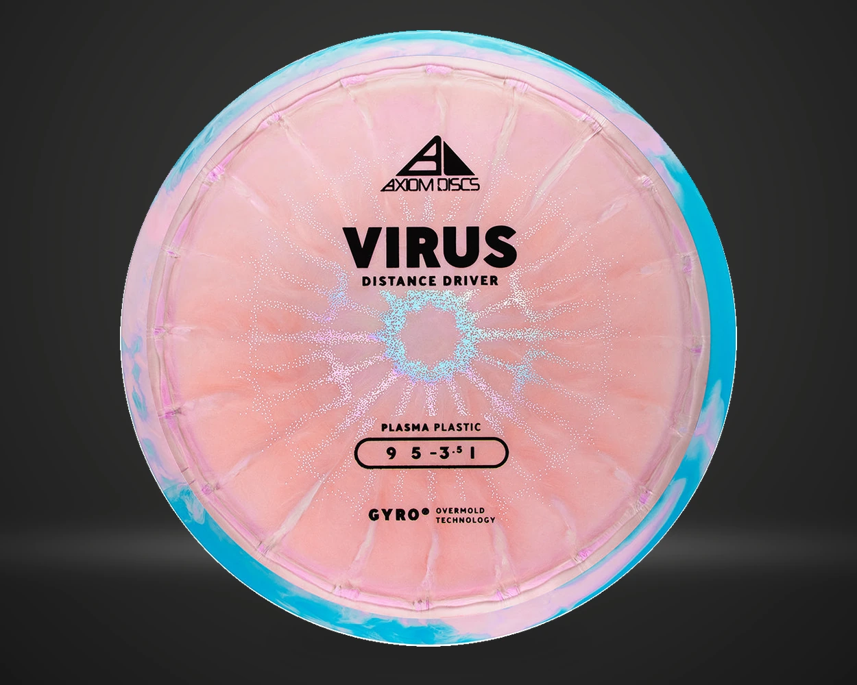 Axiom Virus Plasma distance driver i rosa/oransje med blå rim, vist forfra på mørk produktbakgrunn