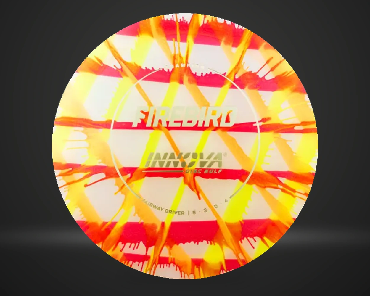 I-Dye Champion Firebird distance driver, vist forfra på mørk produktbakgrunn