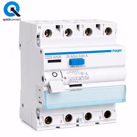 Hager Jordfelsbrytare 4-polig QuickConnect Typ A 30 mA 25A