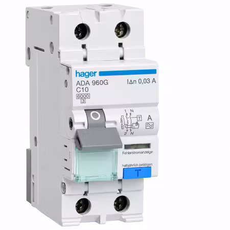 Hager Personskyddsbrytare 1P+N 10A 30mA Typ A – ADA960G