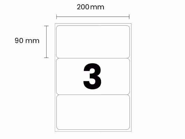 3 etiketter/A4. Ca 200 x 90 mm. Selvklæbende etiketter til din printer