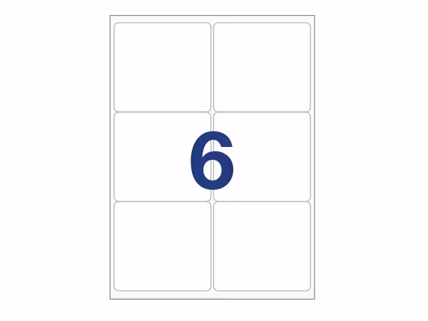 6 etiketter/A4. Ca 99 x 93 mm. Selvklæbende etiketter til din printer