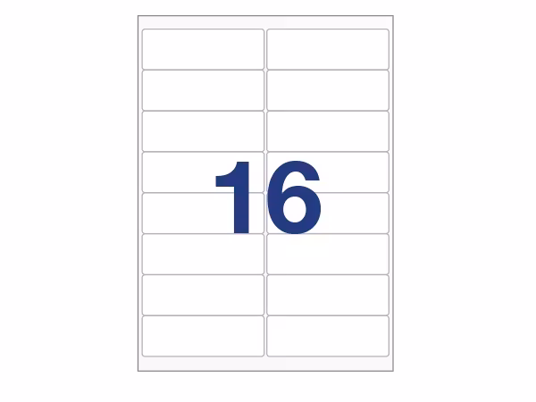 16 labels/A4. Approx 99 x 34mm. Self-adhesive labels for your printer