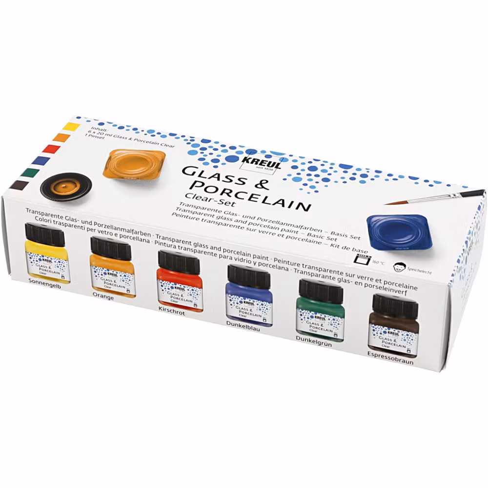 Glas och Porslinsfärg, mixade färger, 6x20 ml+Pensel-Clear set