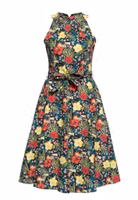 Queen Kerosin Half Turtleneck Swing Dress Hawaiian Flowers Black