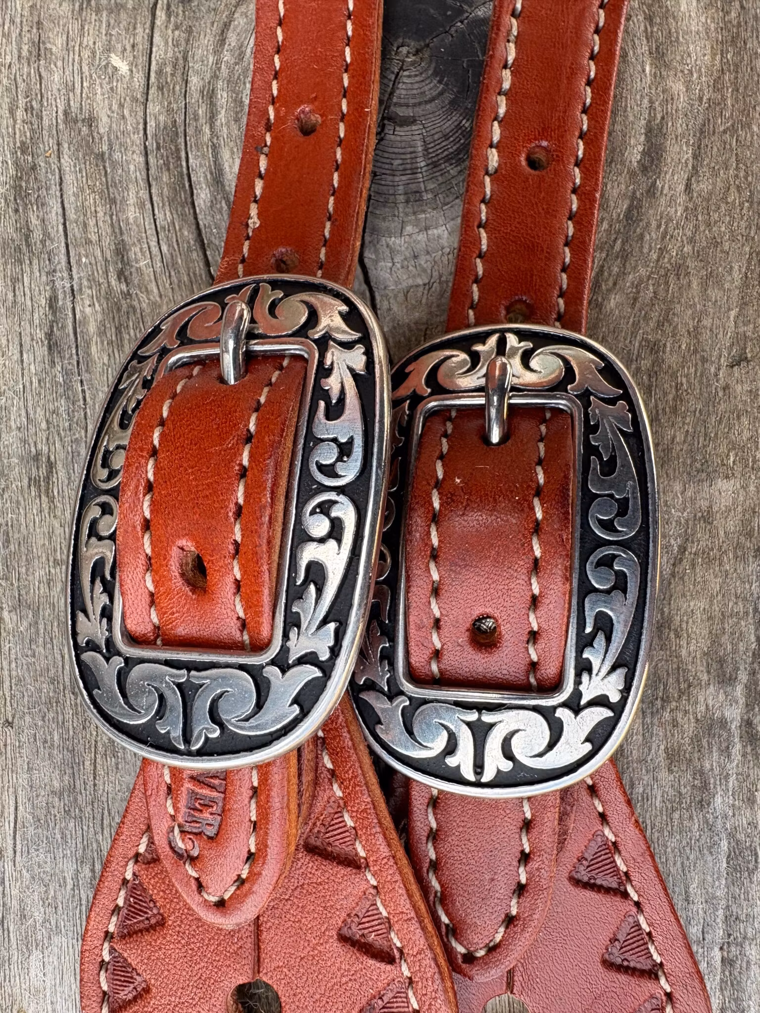 Weaver Youth Hand Tooled Triangle Border Spur Straps  Chestnut