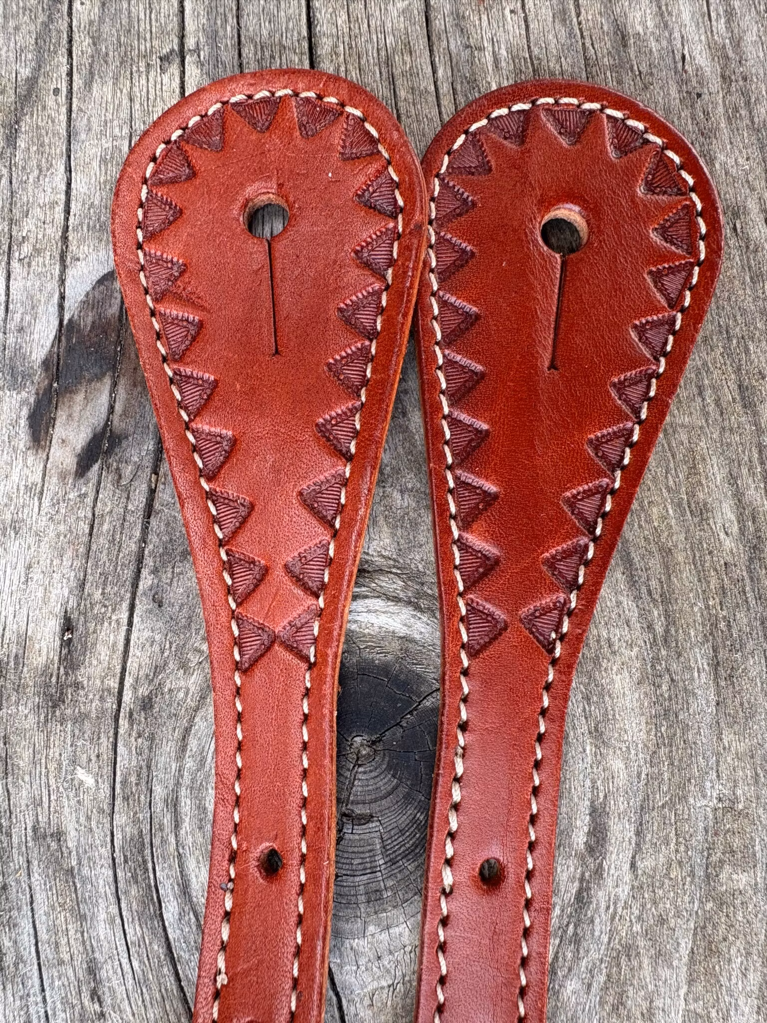 Weaver Youth Hand Tooled Triangle Border Spur Straps  Chestnut