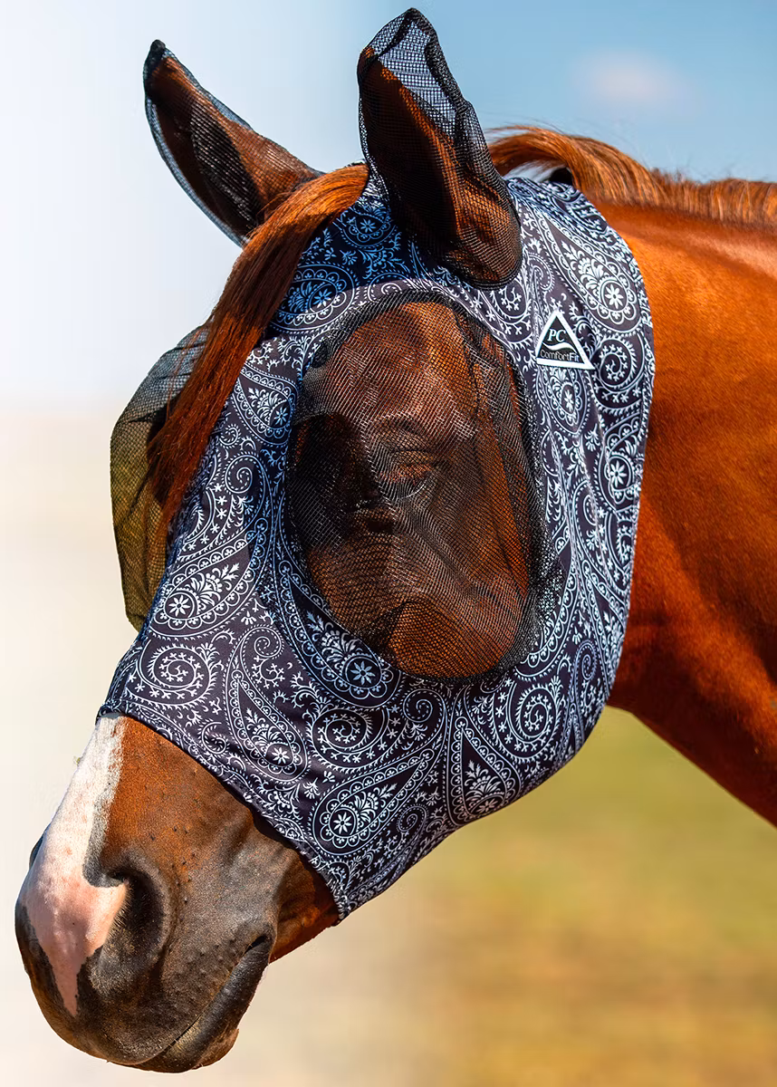 Comfort Fit Lycra Fly Mask With Forelock Opening Paisley Black