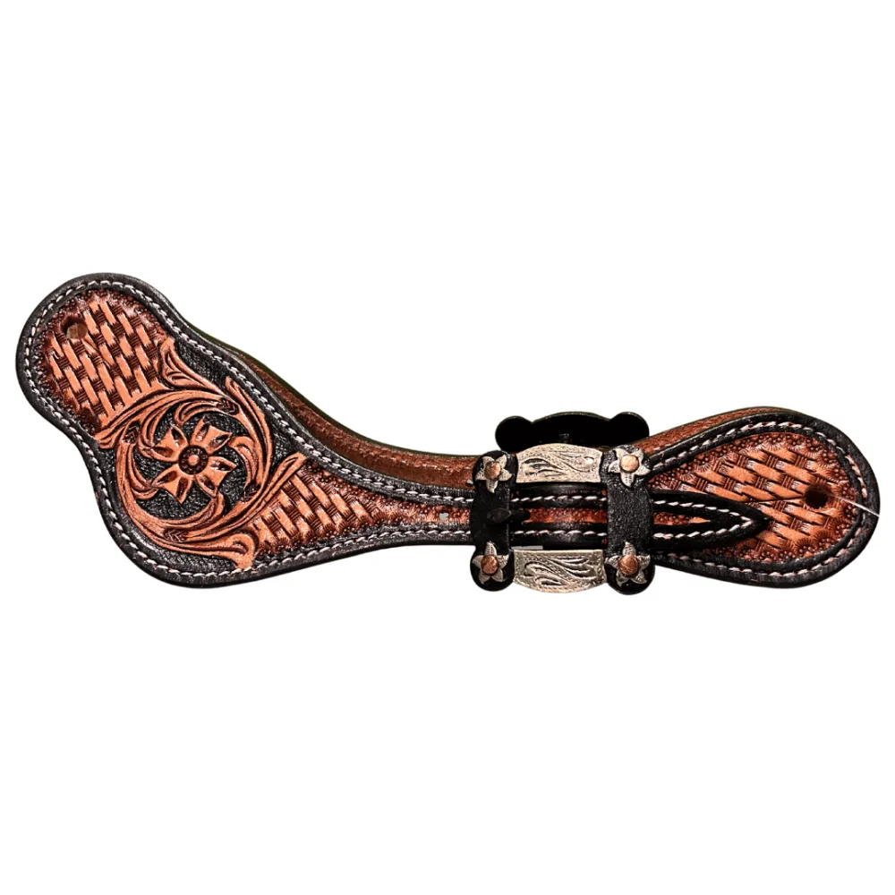 Raw Tack Spur Strap With Tooling And Flower Buckle Natural/Black