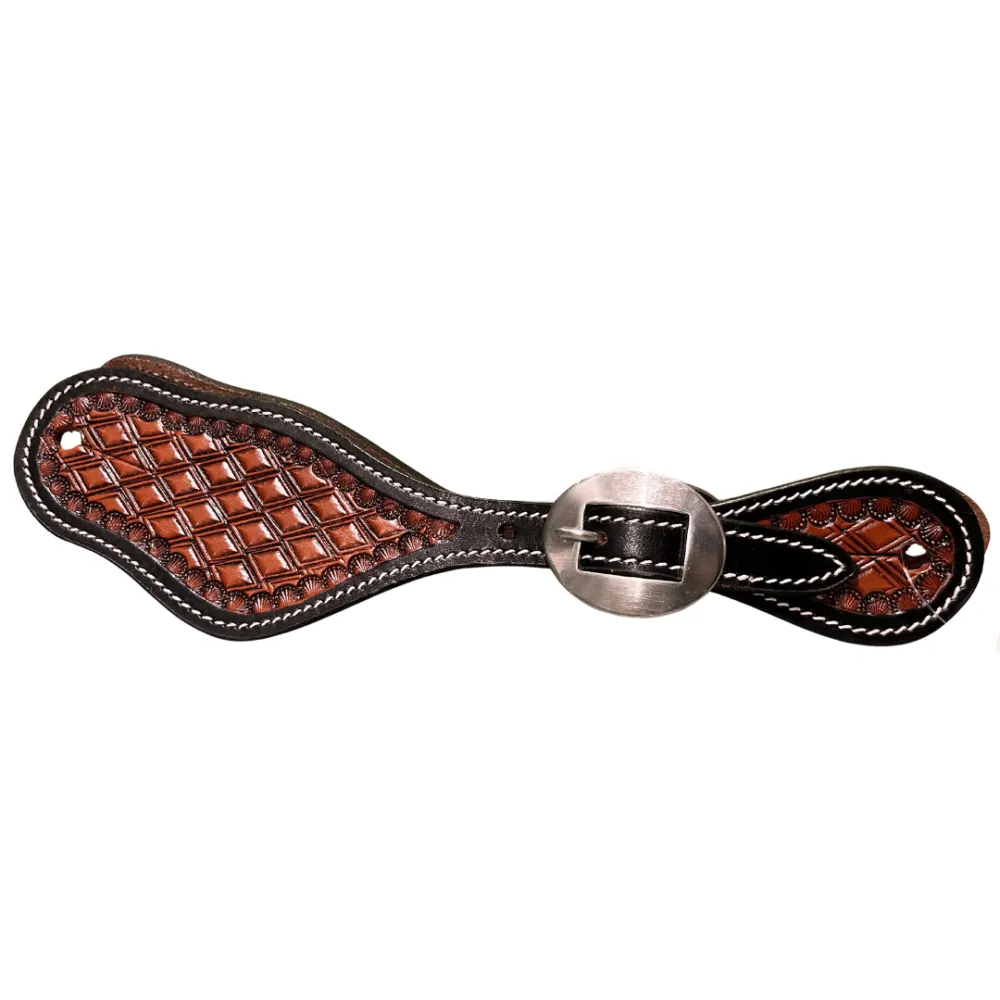 Raw Tack Spur Strap With Diamond Tooling And Black Edge Chestnut