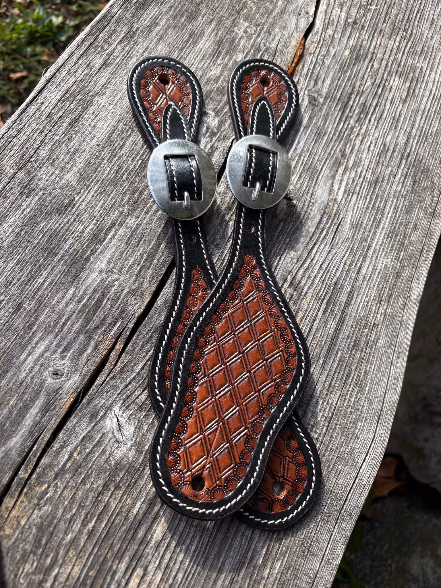 Raw Tack Spur Strap With Diamond Tooling And Black Edge Chestnut