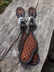 Raw Tack Spur Strap With Diamond Tooling And Black Edge Chestnut