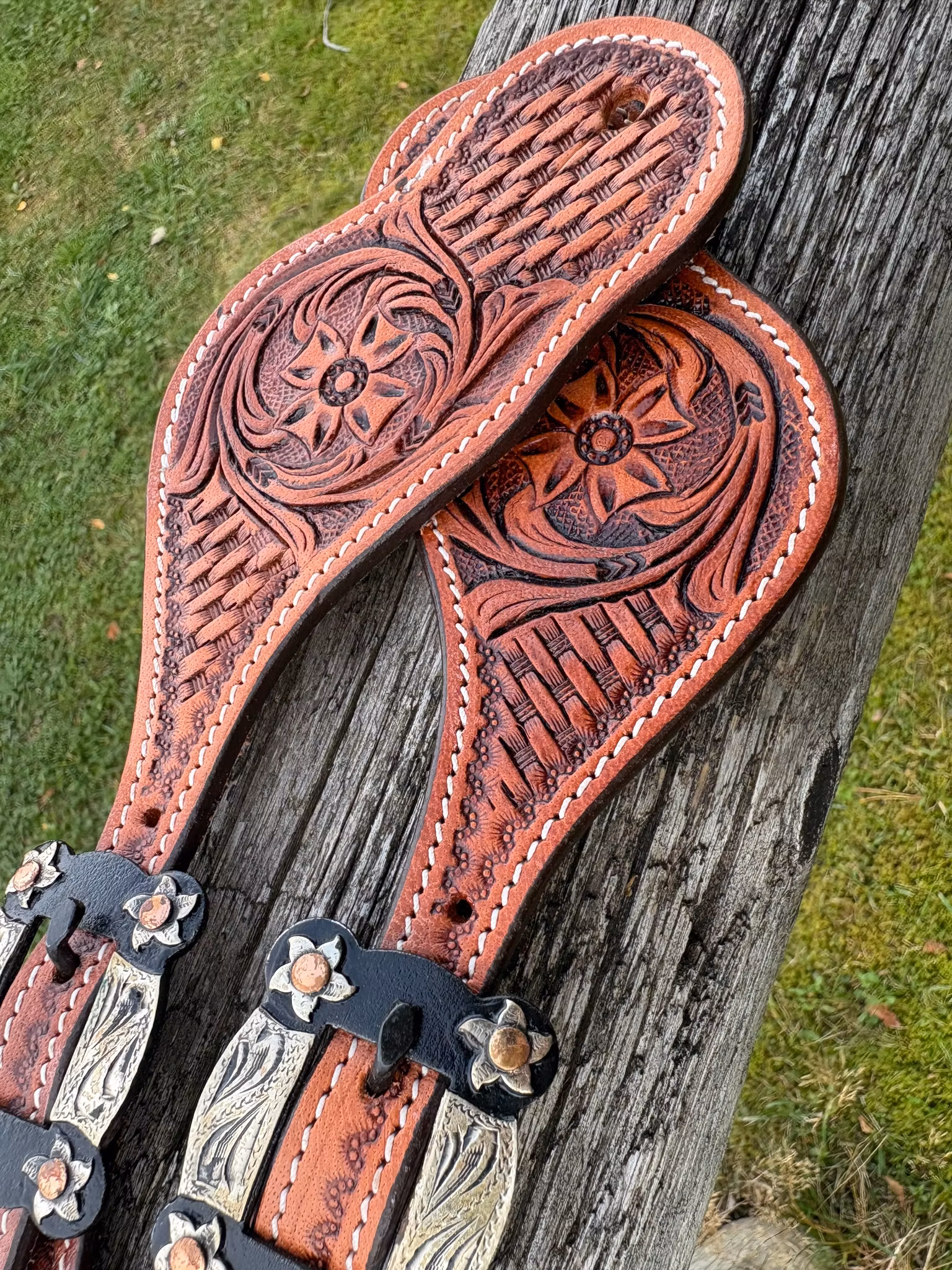 Raw Tack Spur Straps With Basket Tooling Natural