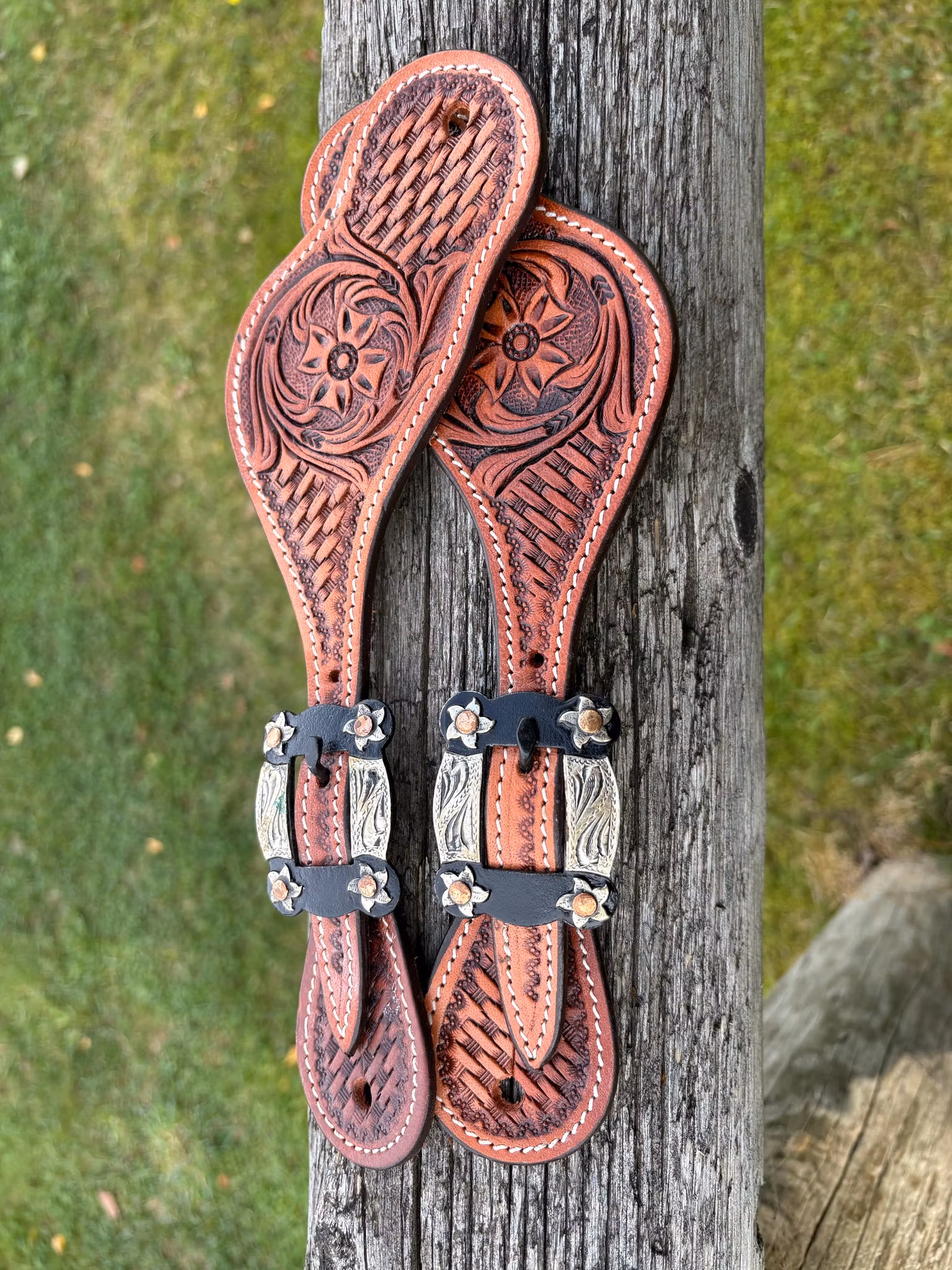 Raw Tack Spur Straps With Basket Tooling Natural
