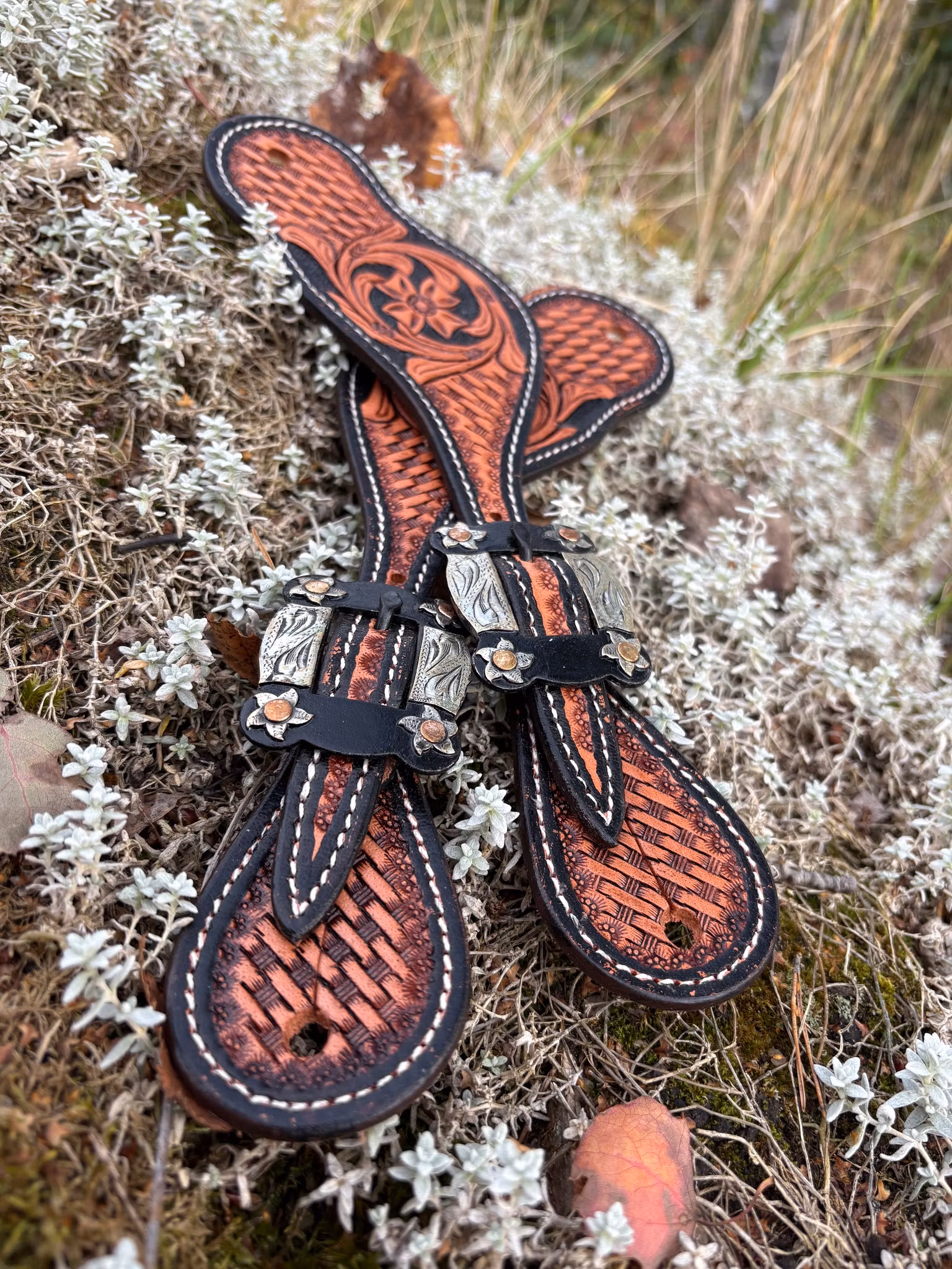 Raw Tack Spur Strap With Tooling And Flower Buckle Natural/Black