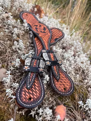 Raw Tack Spur Strap With Tooling And Flower Buckle Natural/Black
