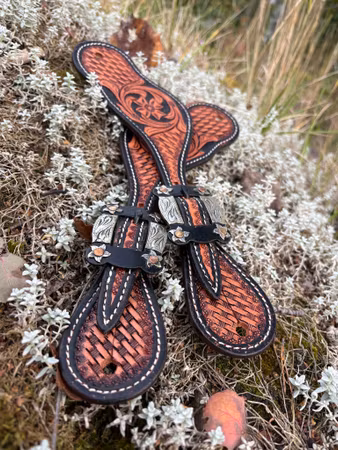 Raw Tack Spur Strap With Tooling And Flower Buckle Natural/Black