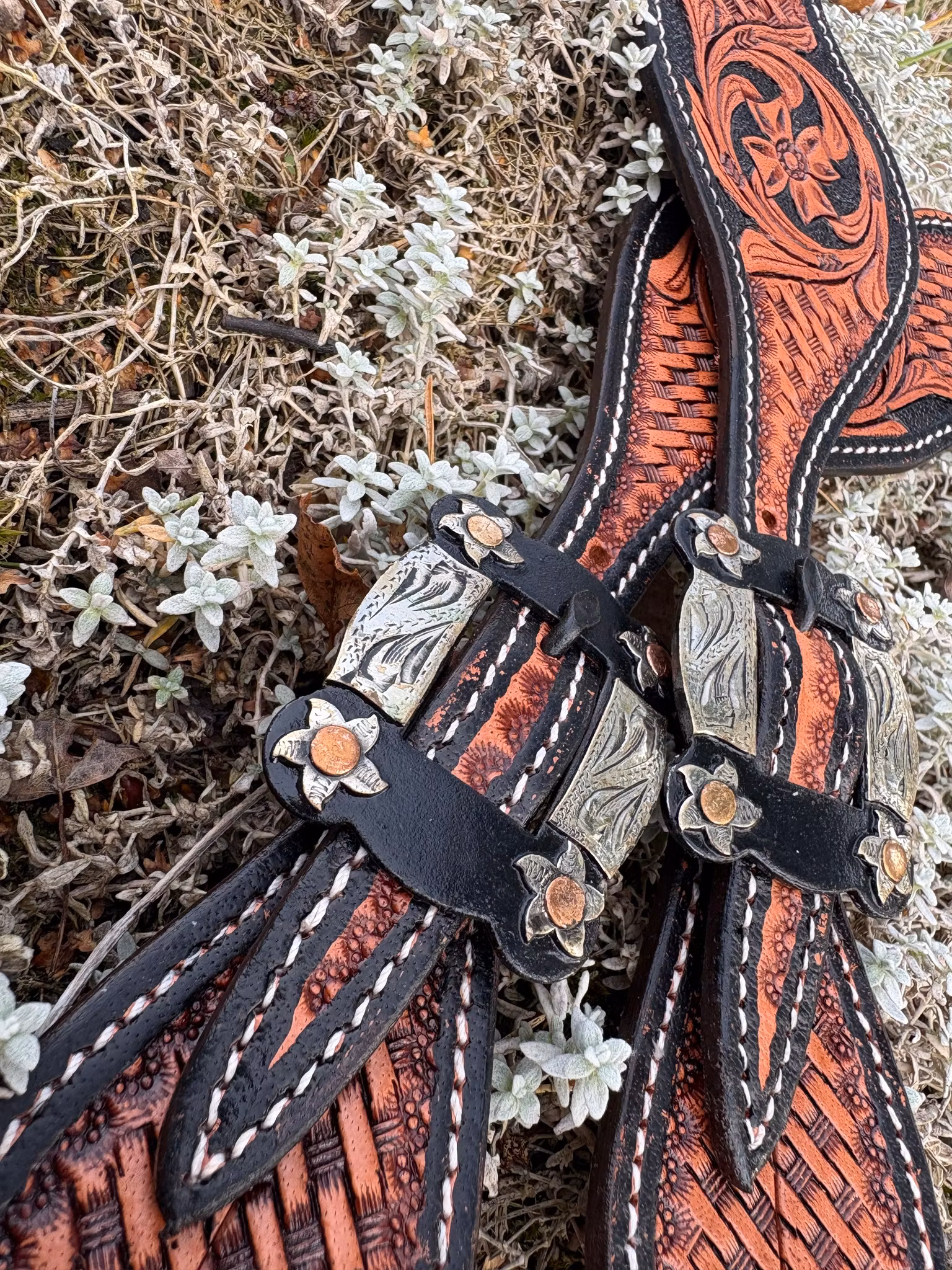 Raw Tack Spur Strap With Tooling And Flower Buckle Natural/Black