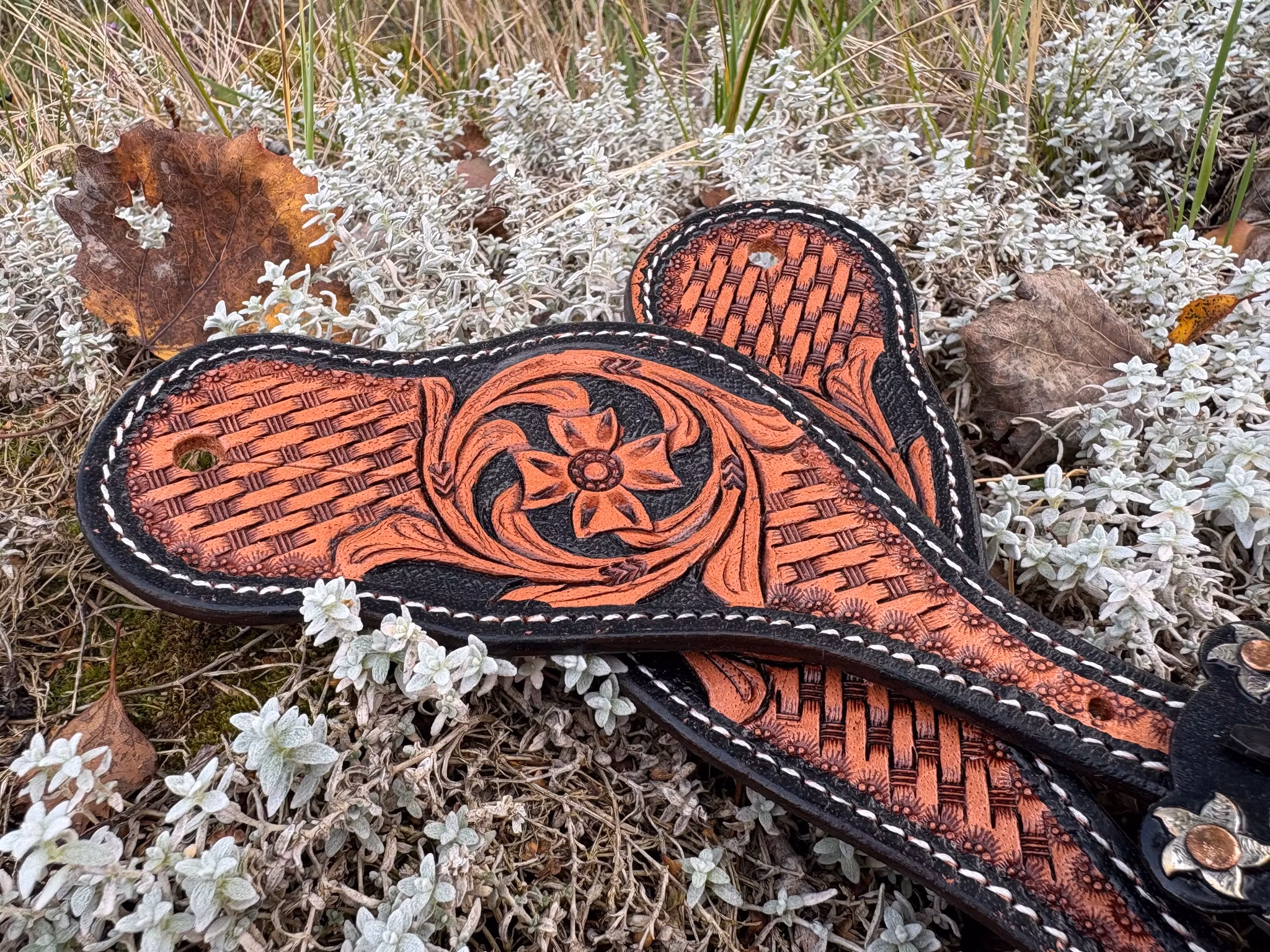 Raw Tack Spur Strap With Tooling And Flower Buckle Natural/Black