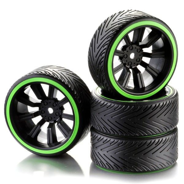 ABSIMA Train de Roues Drift 9-Rayons "Profile A" Jante Noir/Bague Neon Vert 1:10