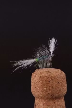 Pompero tørrflue, grønn, blå, grey, light grey og hvit
