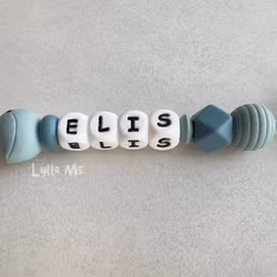 Pacifier holder with name LITTLE BIRD - Gray Blue- Arctic Blue / White
