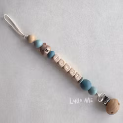 Pacifier holder with name - Little Bear - Grey Blue - arctic blue / Oatmeal