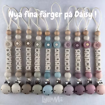 Napphållare med silikonclips och namn DAISY BEIGE/ CREAM