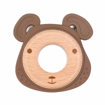 TEETHING FIGURE IN SILICONE & BEECH WOOD - DOG BROWNIE