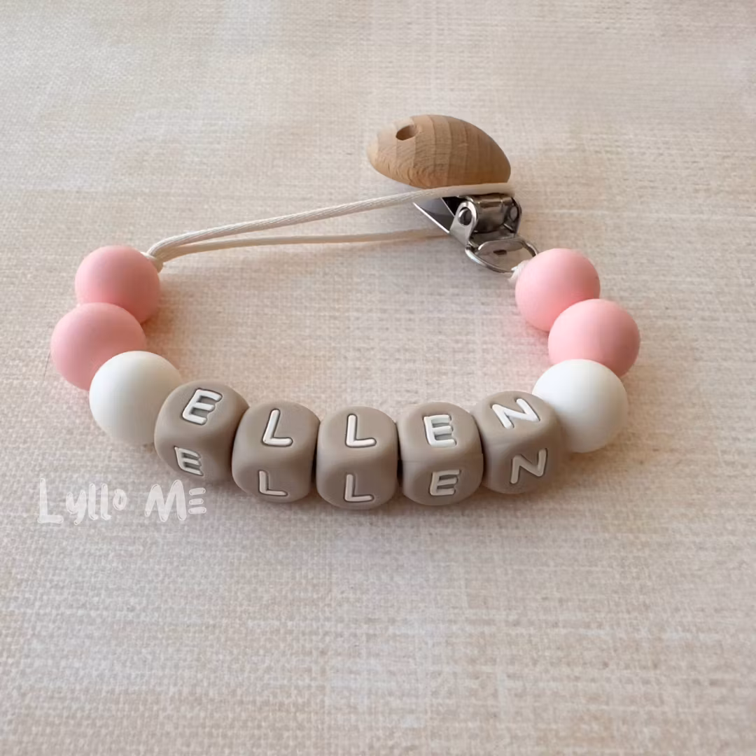 Pacifier holder with name soft pink