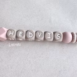 Pacifier holder with name - Taupe/Pink patterned