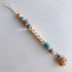 Pacifier holder with name - Little Bear - Blue / Wheat (max 5 letters)