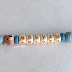 Pacifier holder with name - Little Bear - Blue / Wheat (max 5 letters)