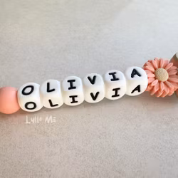 Pacifier holder with name white letters flowerpot soft pink