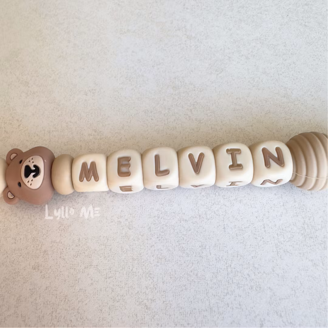 Pacifier holder with name - Little Bear - Oatmeal / Wheat