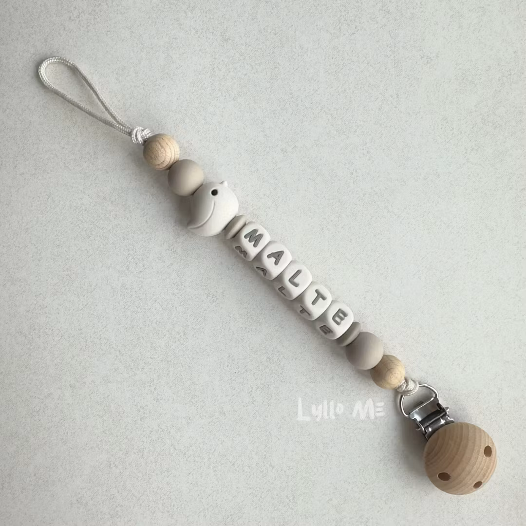 Pacifier holder with name - LITTLE BIRD- BEIGE/ Cream