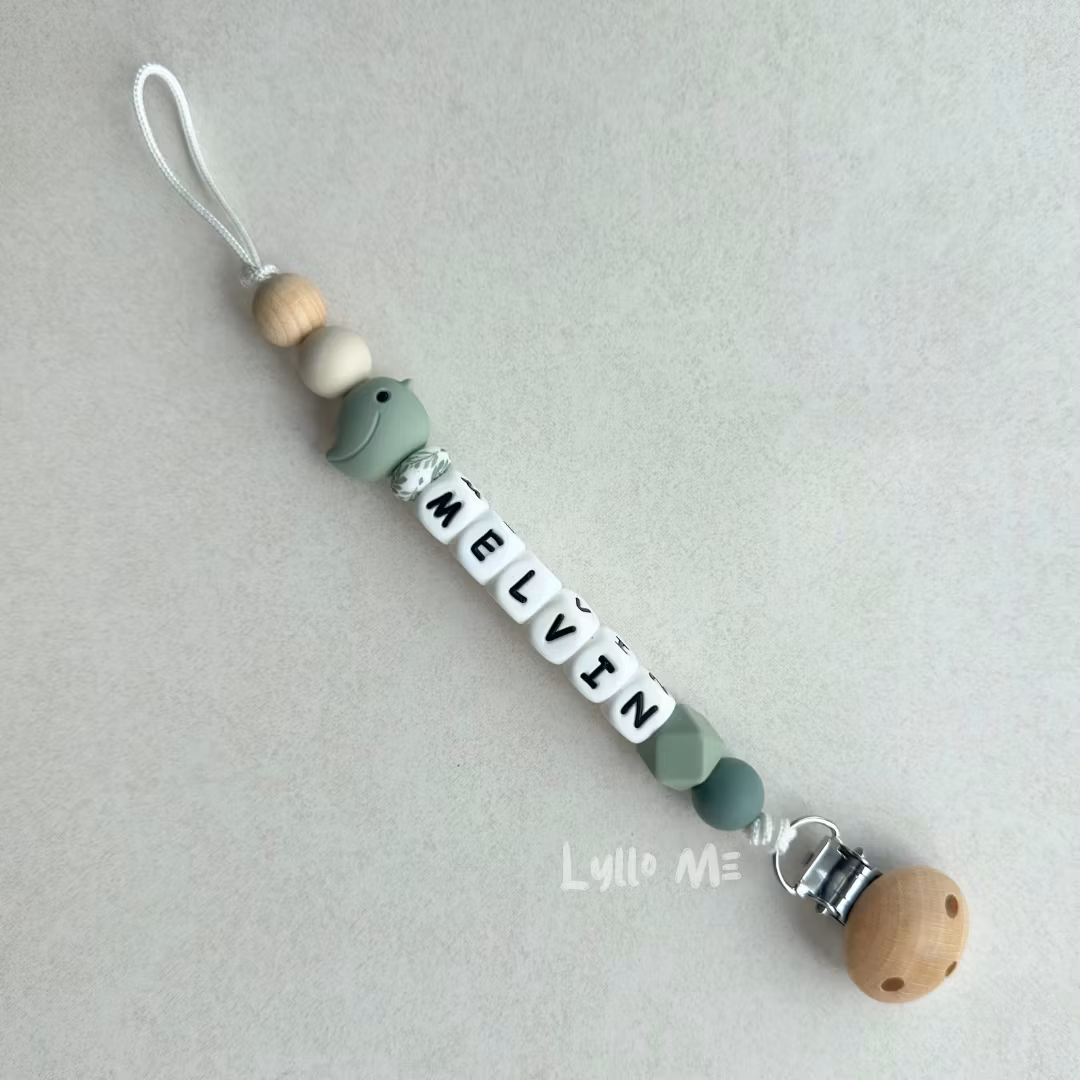 Pacifier holder with name - LITTLE BIRD- GREEN