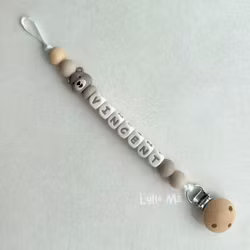 Pacifier holder with name - Lilla Björn - Taupe/ Cream