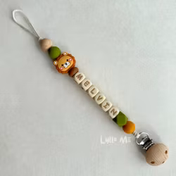 Pacifier holder with name - Little Lion -Green /Wheat